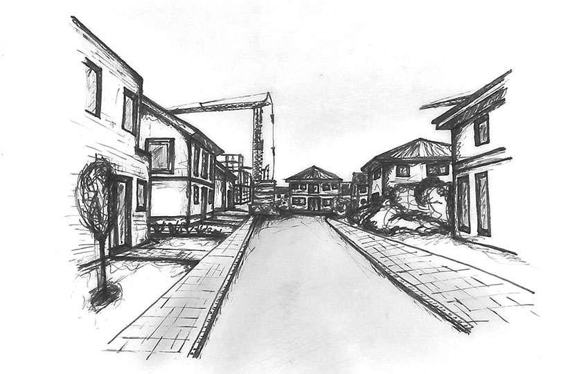 Skizze mit Häusern und einem Baukran